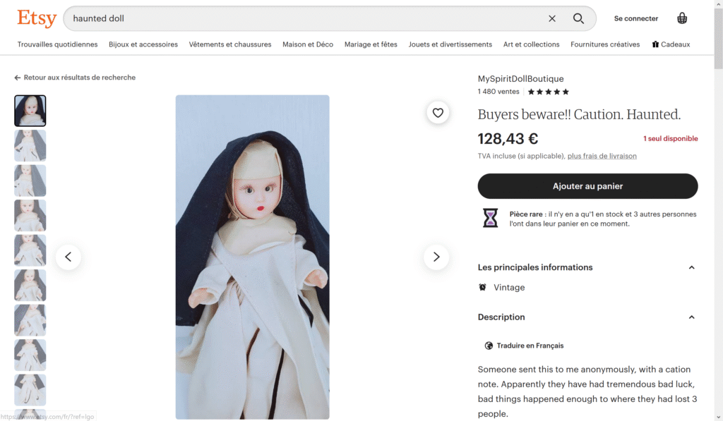 poupée hantée sur etsy religieuse