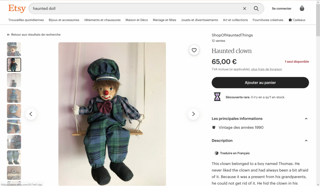 poupée hantée sur etsy clown maléfique